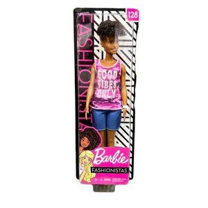 Barbie Fashionistas Doll #128 Short Curly Hair Pink Camo Good Vibes Only Top NEW